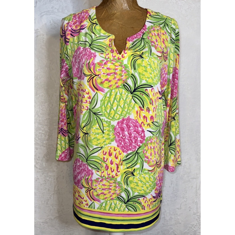NWOT Pappagallo Resort Wear Blouse Medium Pineapples Pink Green Yellow